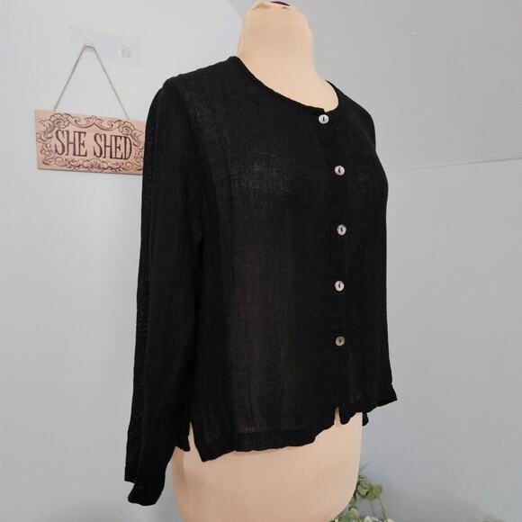 CTC Linens Womens Black Linen Nylon Blend Top Button Front Long Sleeve Small - Picture 2 of 15